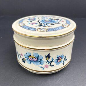 VTG Sadler England Lidded Trinket Box Floral Blue Pink w Gold Trim Porcelain Jar